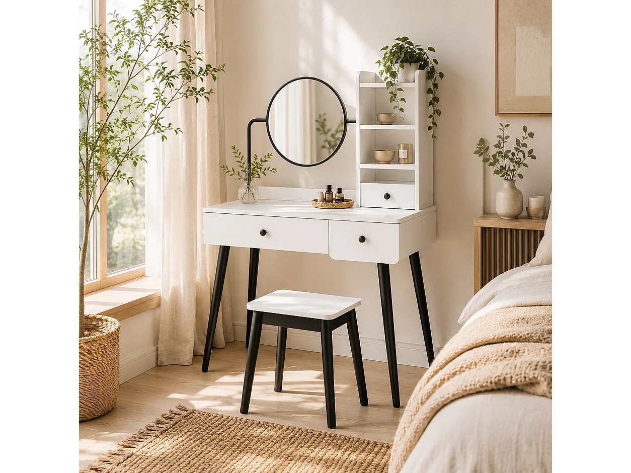 Viro White Dressing Table and Stool Set 3 Drawers with Open Shelving