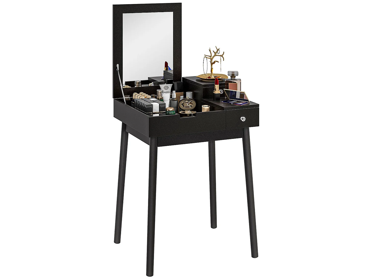 Sinotti Black Dressing Table with Flip Up Mirror 2 Drawers and Pine Wood Legs