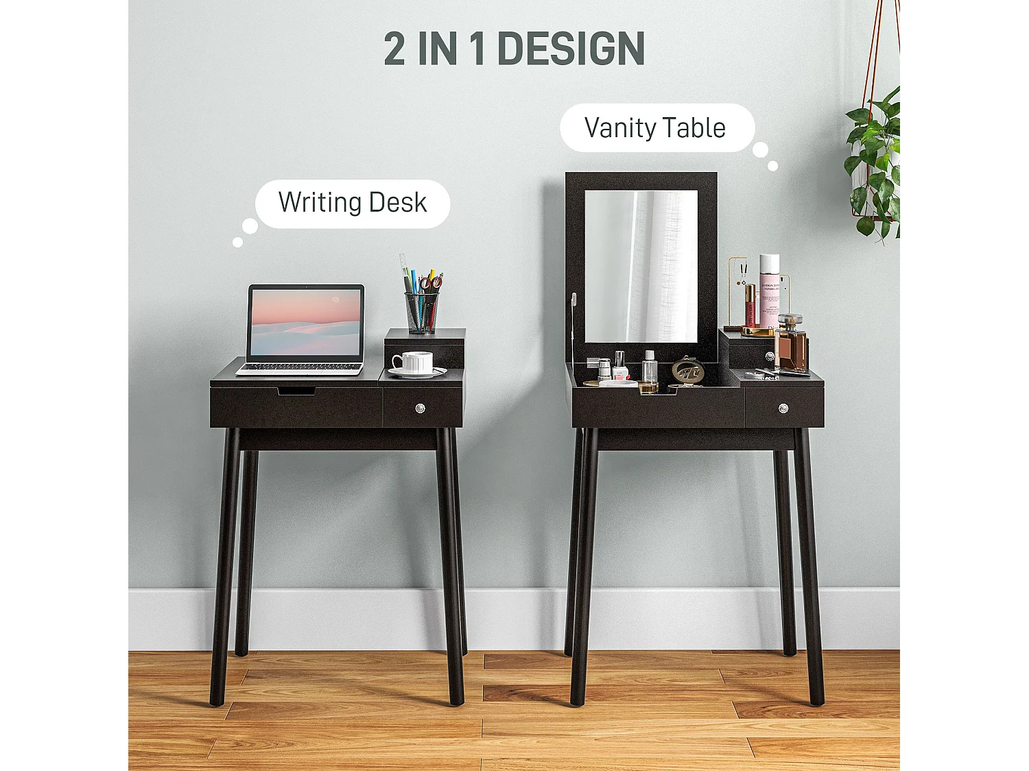 Sinotti Black Dressing Table with Flip Up Mirror 2 Drawers and Pine Wood Legs