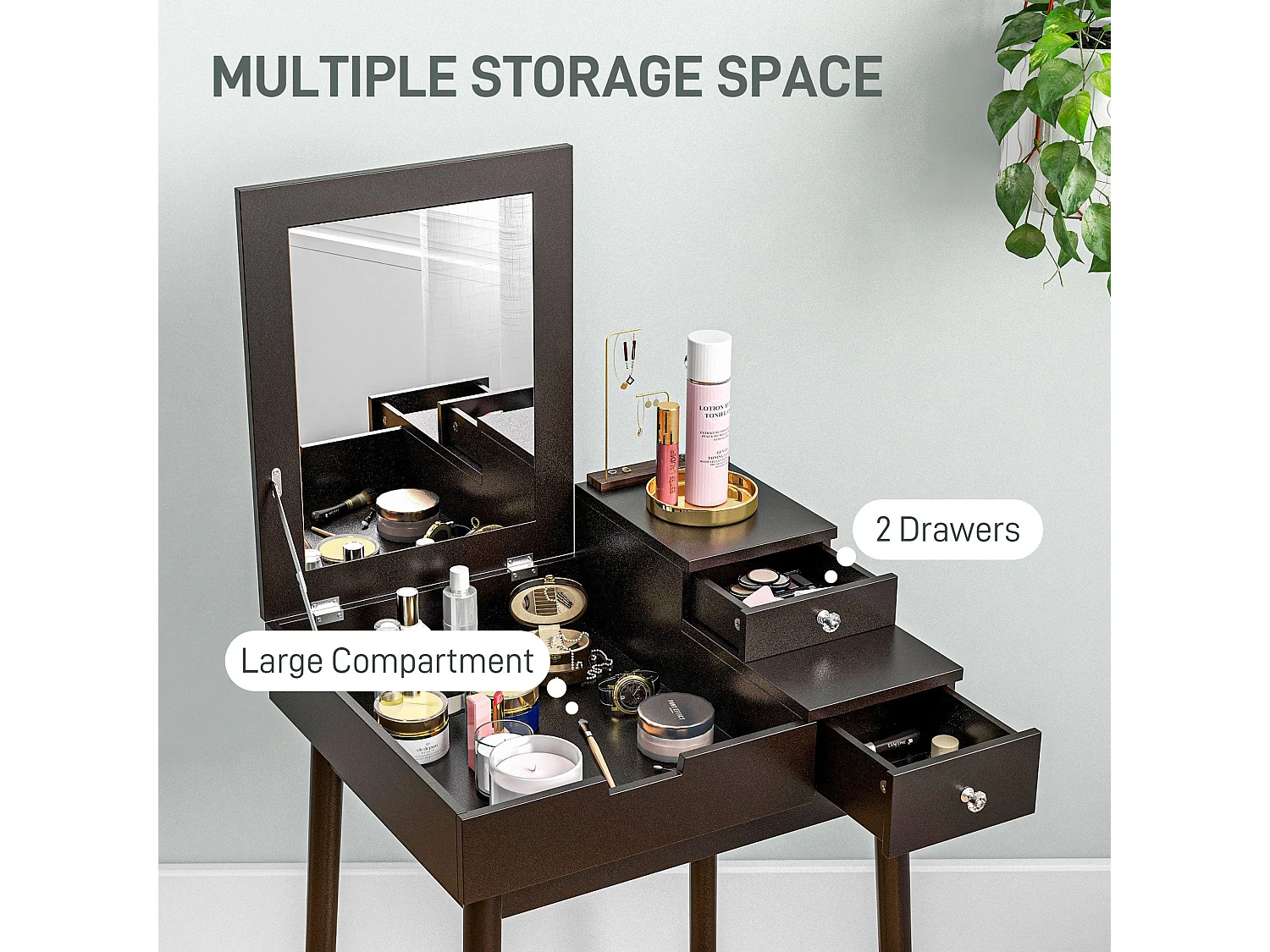 Sinotti Black Dressing Table with Flip Up Mirror 2 Drawers and Pine Wood Legs