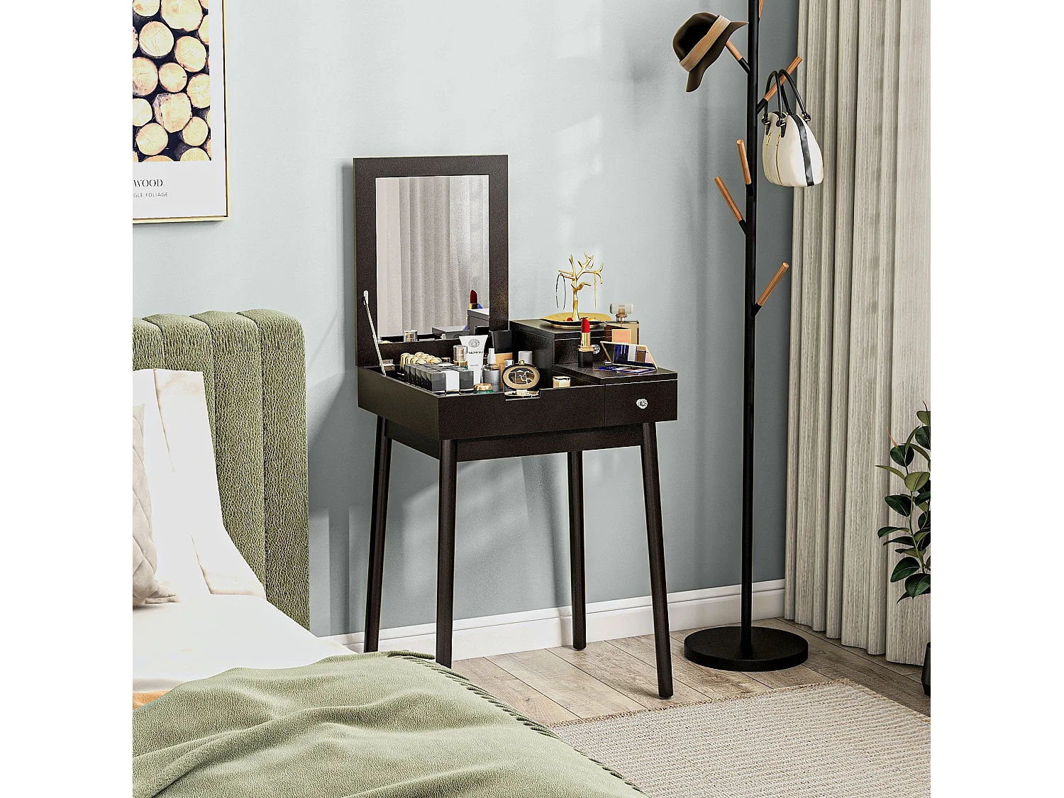 Sinotti Black Dressing Table with Flip Up Mirror 2 Drawers and Pine Wood Legs