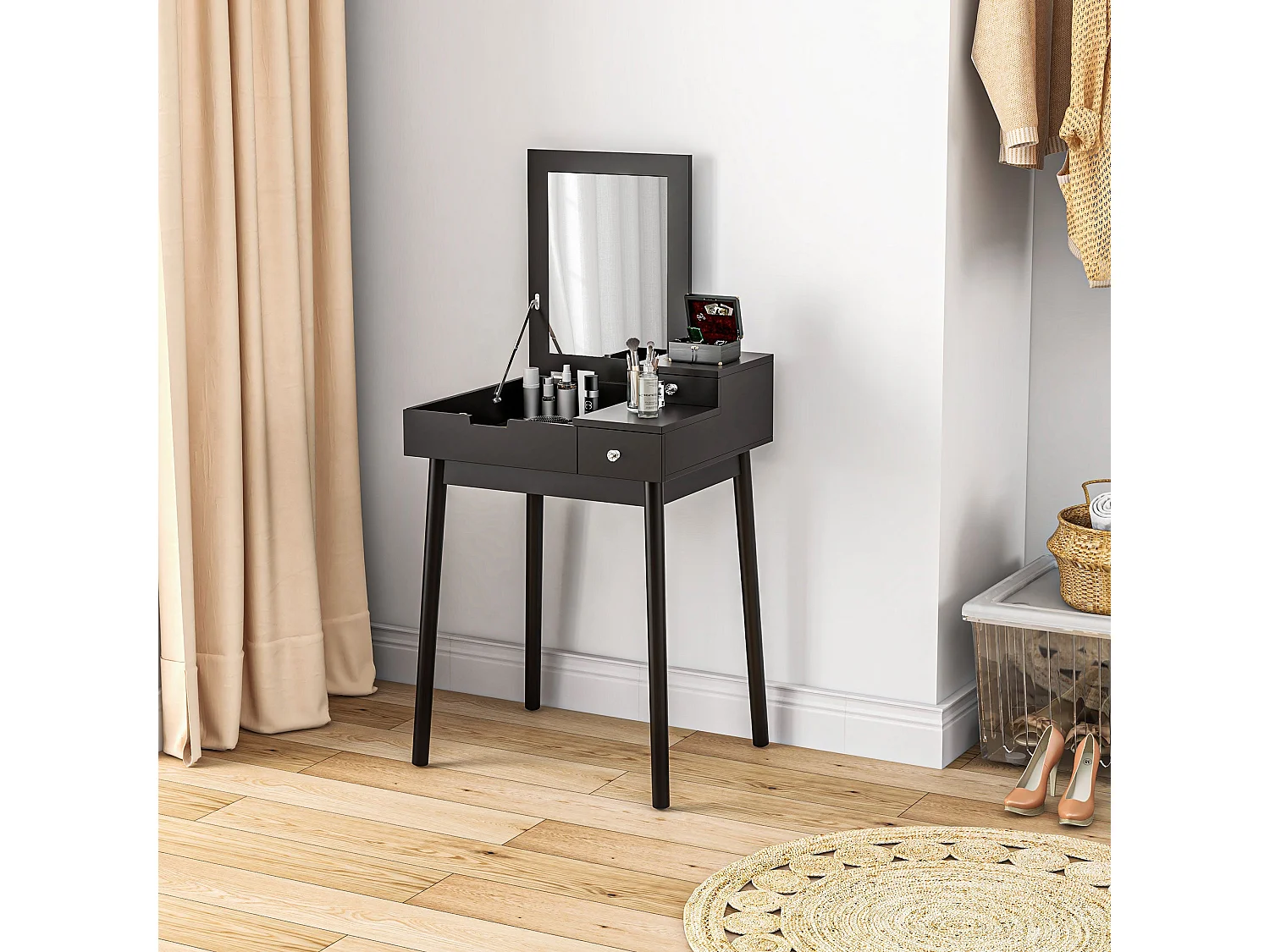 Sinotti Black Dressing Table with Flip Up Mirror 2 Drawers and Pine Wood Legs