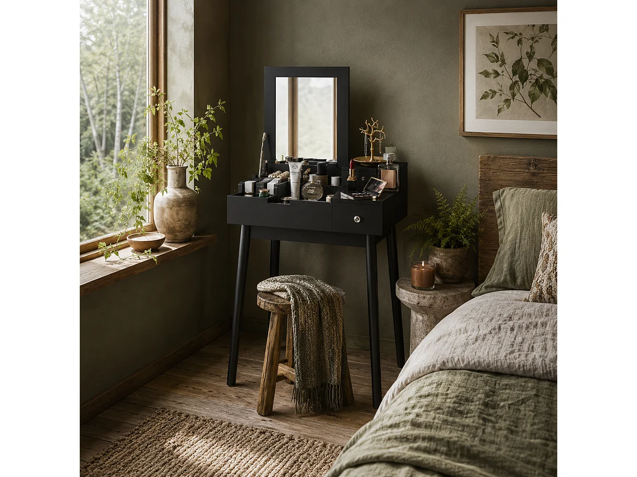 Sinotti Black Dressing Table with Flip Up Mirror 2 Drawers and Pine Wood Legs