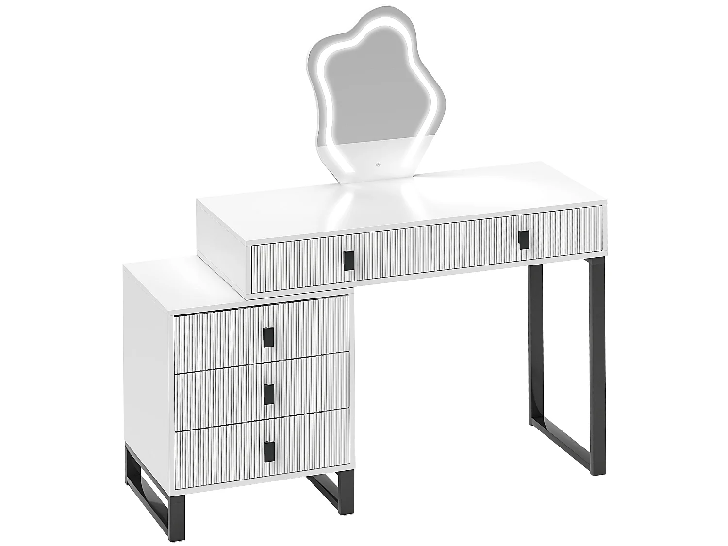 Nalomo White Vanity Desk with Leaf Shaped Mirror 5 Drawers and 3 Colour LED Lighting