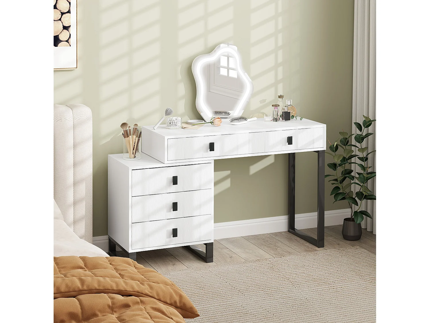 Nalomo White Vanity Desk with Leaf Shaped Mirror 5 Drawers and 3 Colour LED Lighting
