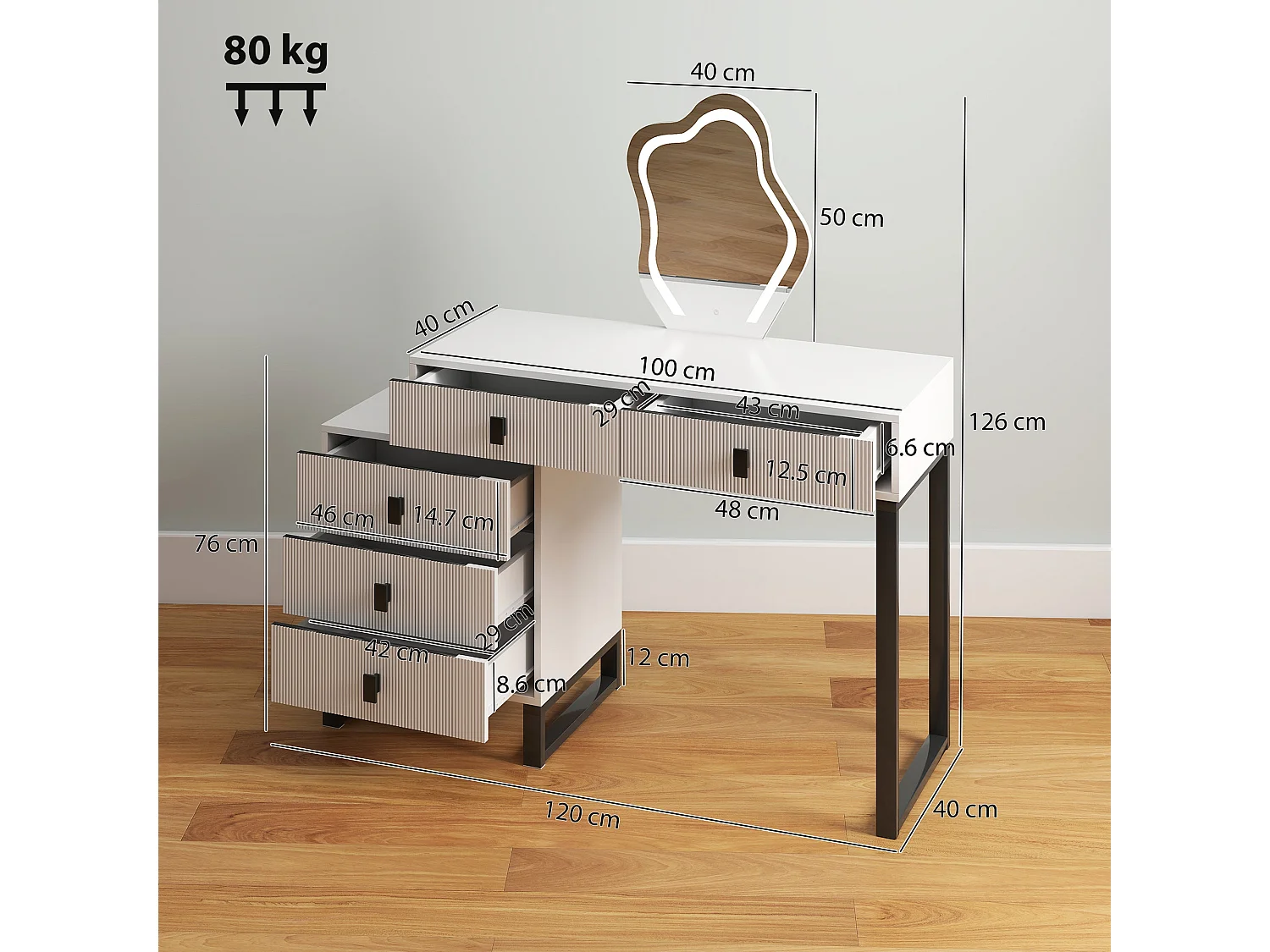 Nalomo White Vanity Desk with Leaf Shaped Mirror 5 Drawers and 3 Colour LED Lighting