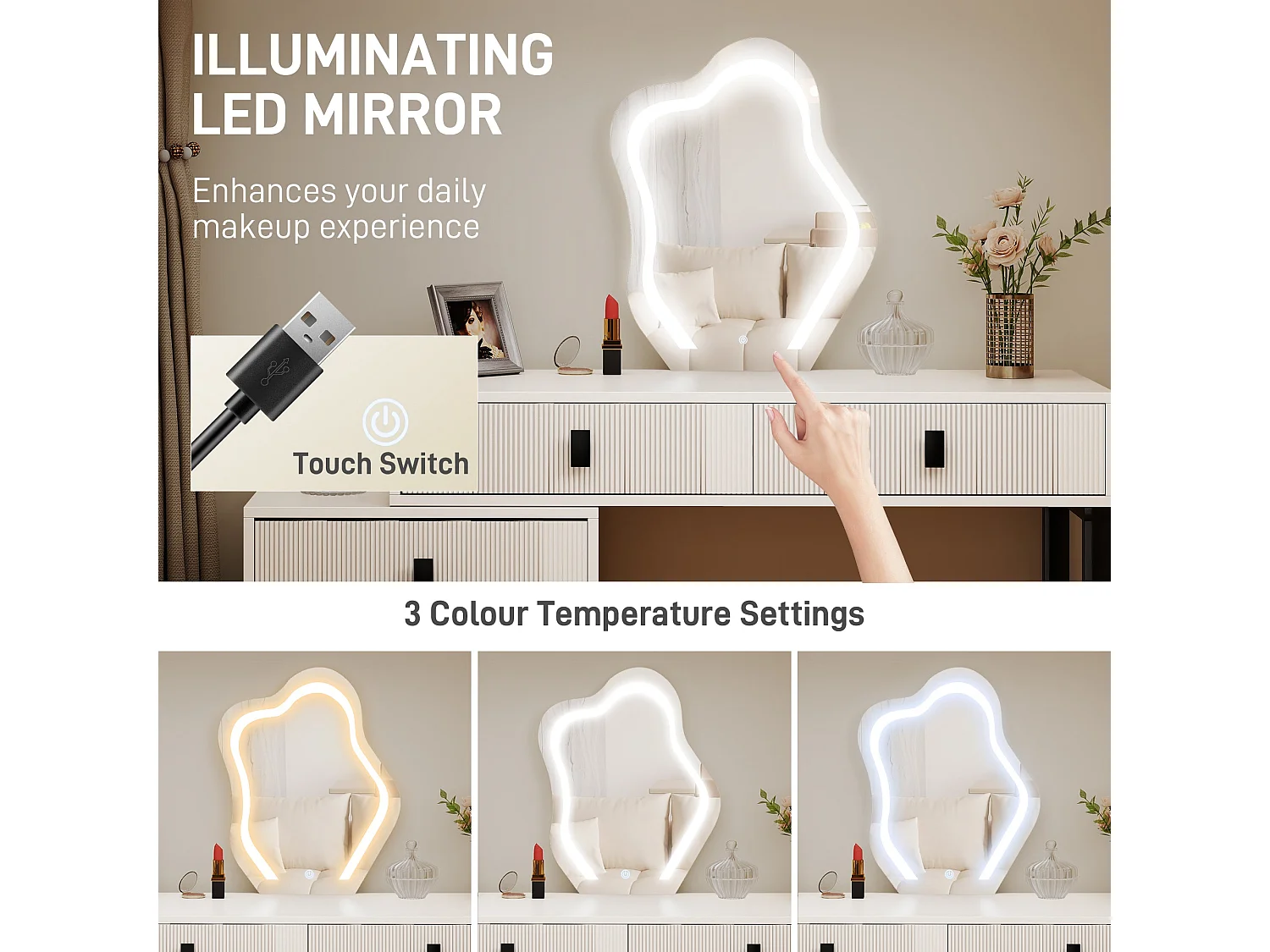 Nalomo White Vanity Desk with Leaf Shaped Mirror 5 Drawers and 3 Colour LED Lighting