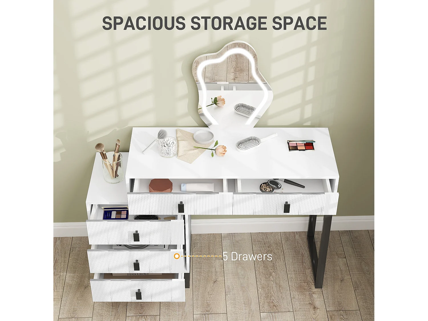 Nalomo White Vanity Desk with Leaf Shaped Mirror 5 Drawers and 3 Colour LED Lighting