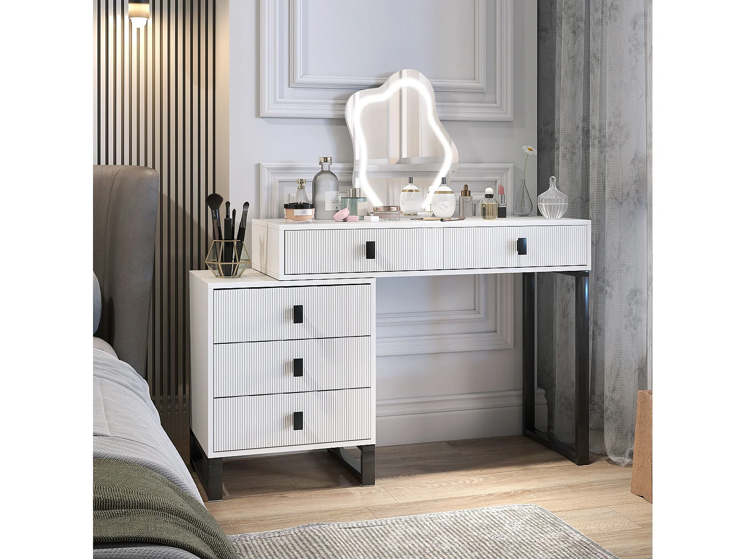 Nalomo White Vanity Desk with Leaf Shaped Mirror 5 Drawers and 3 Colour LED Lighting
