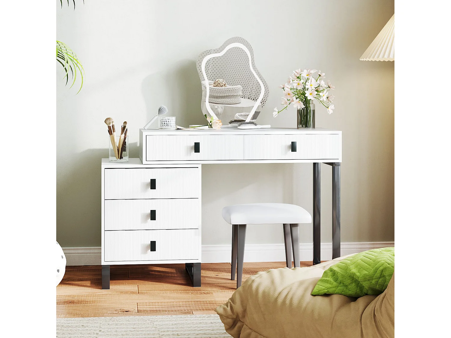 Nalomo White Vanity Desk with Leaf Shaped Mirror 5 Drawers and 3 Colour LED Lighting