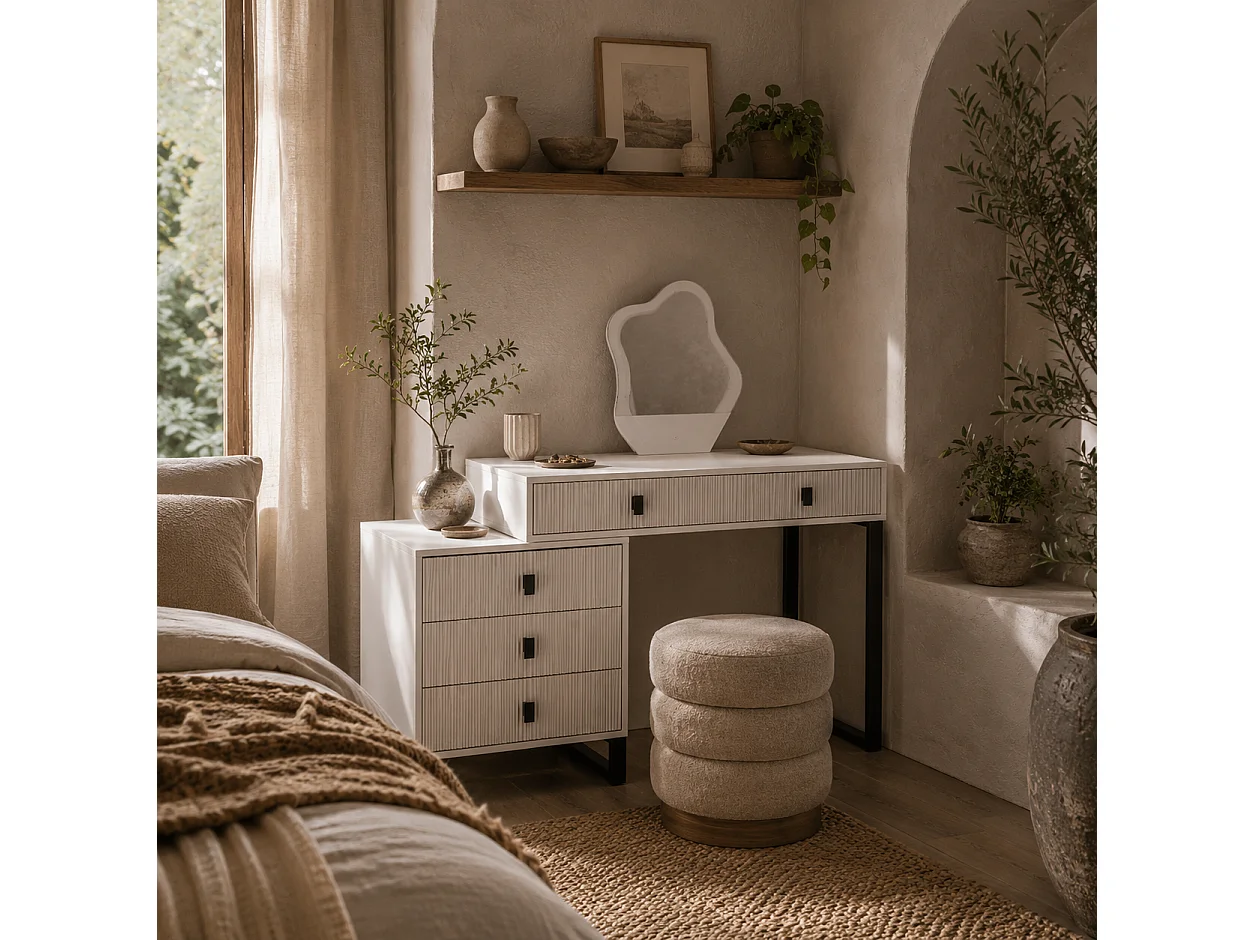 Nalomo White Vanity Desk with Leaf Shaped Mirror 5 Drawers and 3 Colour LED Lighting