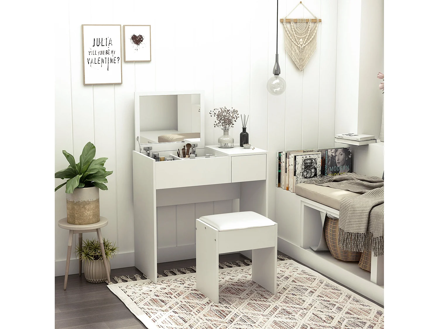 Firazzi White Vanity Desk with Flip Mirror Drawer Storage and Cushioned Stool