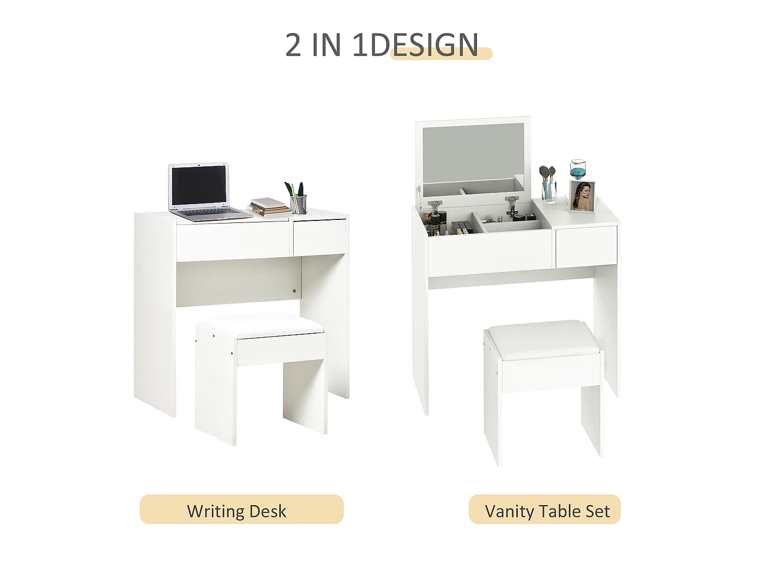 Firazzi White Vanity Desk with Flip Mirror Drawer Storage and Cushioned Stool