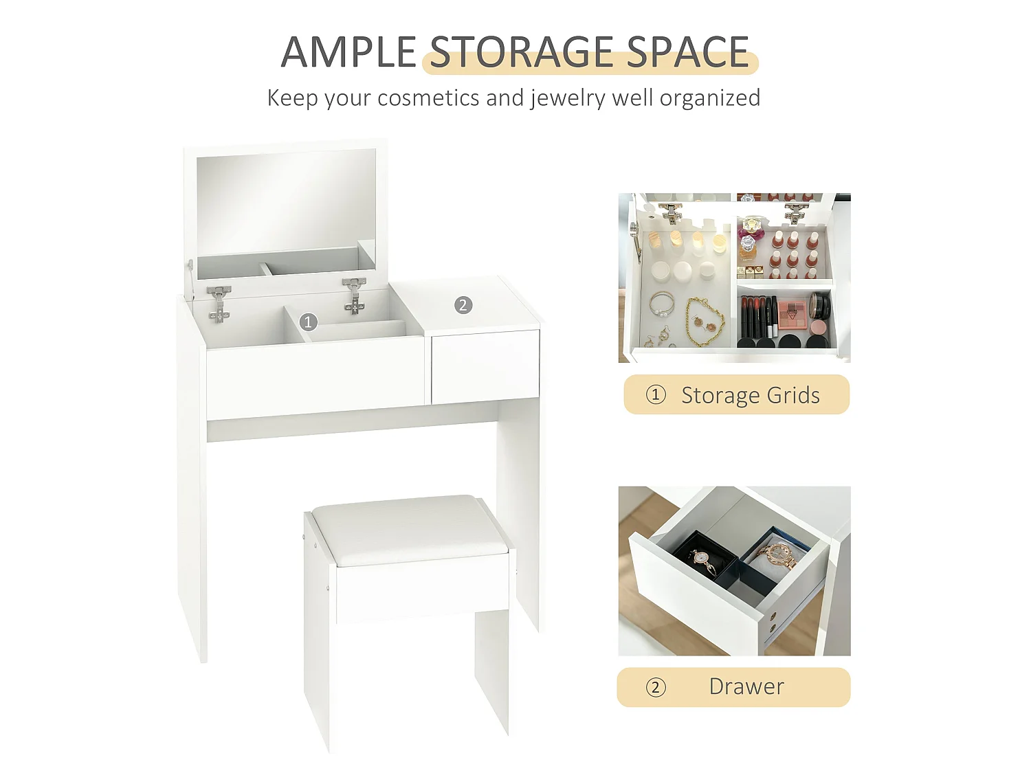 Firazzi White Vanity Desk with Flip Mirror Drawer Storage and Cushioned Stool