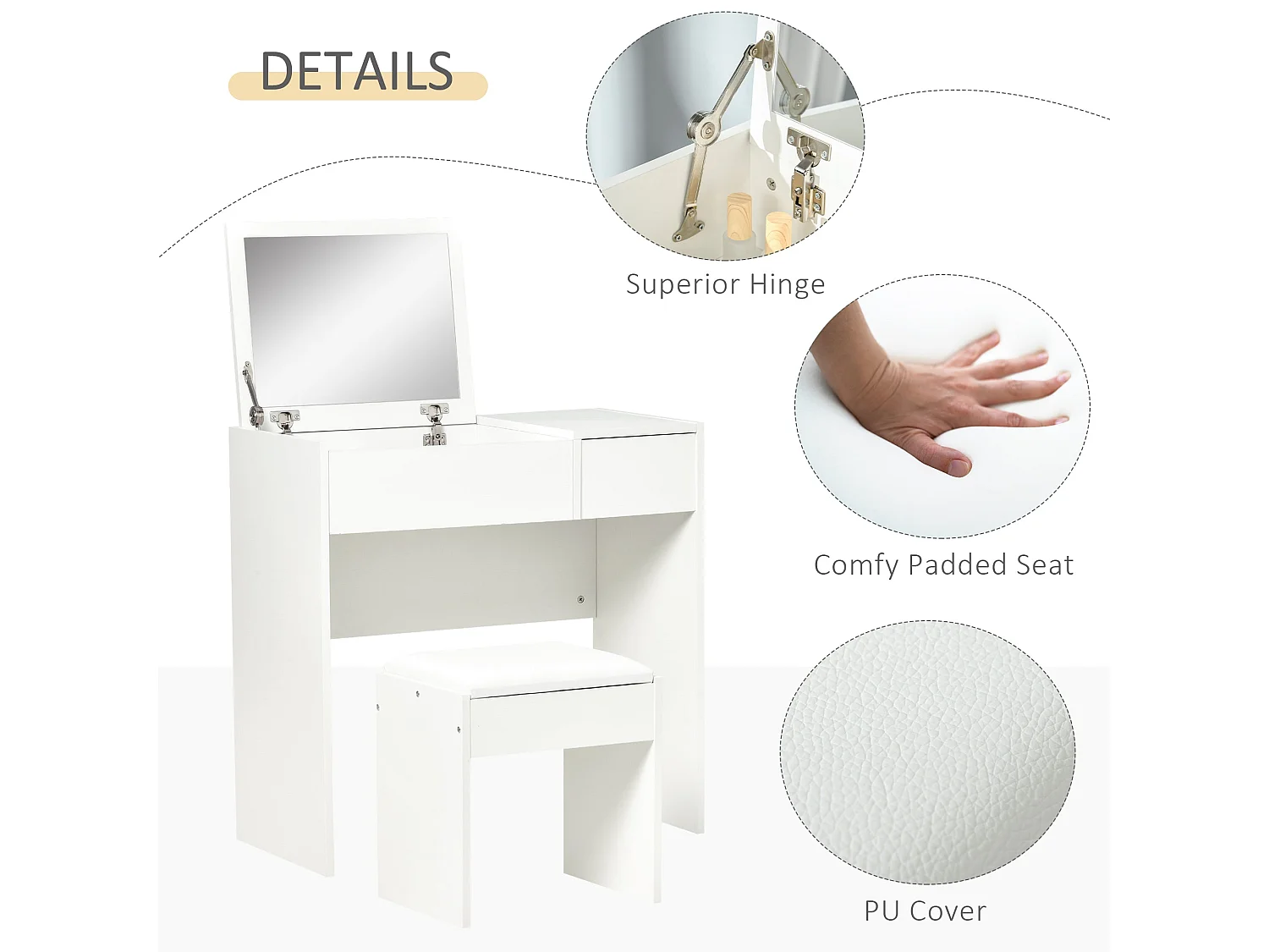 Firazzi White Vanity Desk with Flip Mirror Drawer Storage and Cushioned Stool