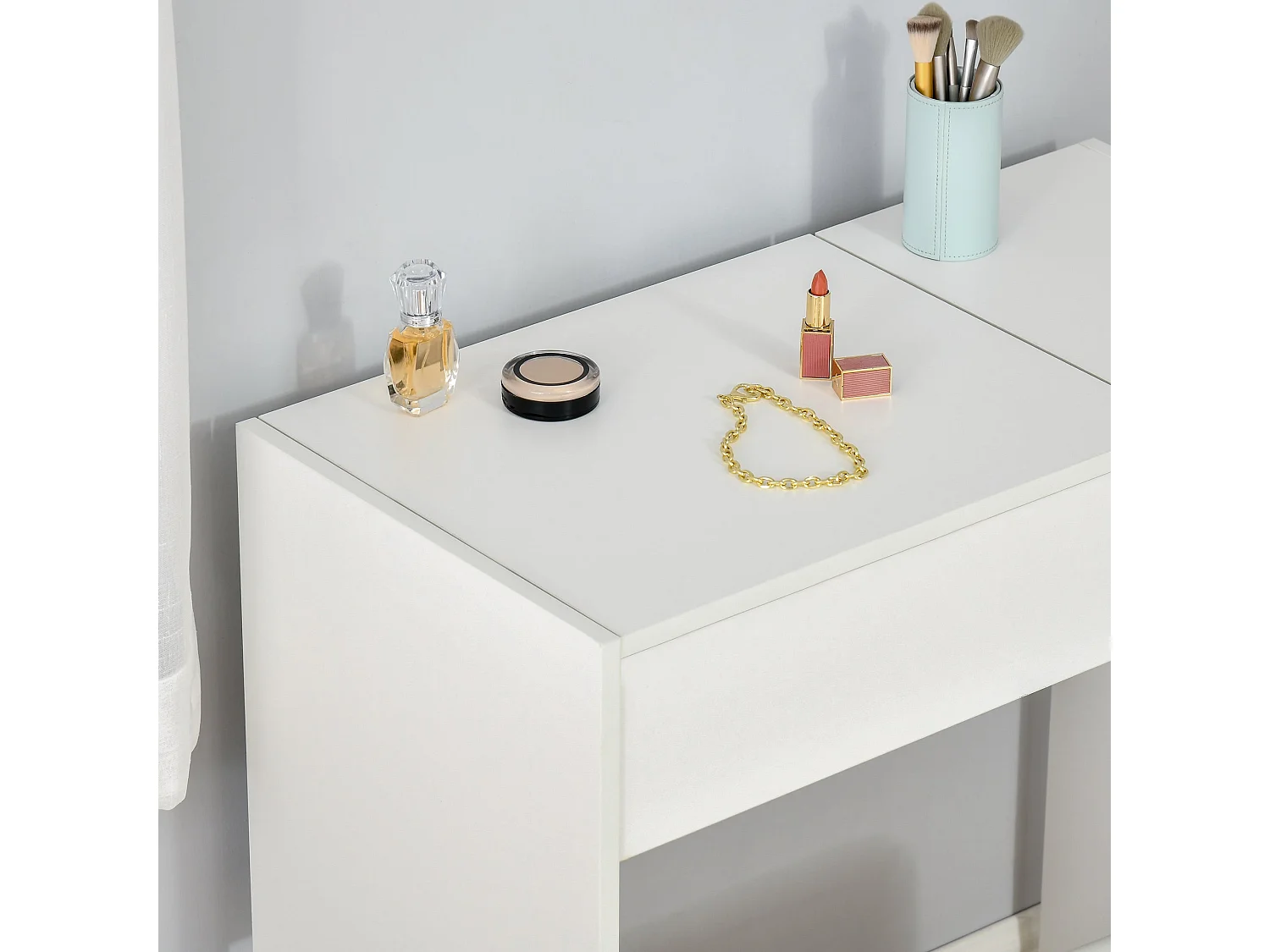 Firazzi White Vanity Desk with Flip Mirror Drawer Storage and Cushioned Stool