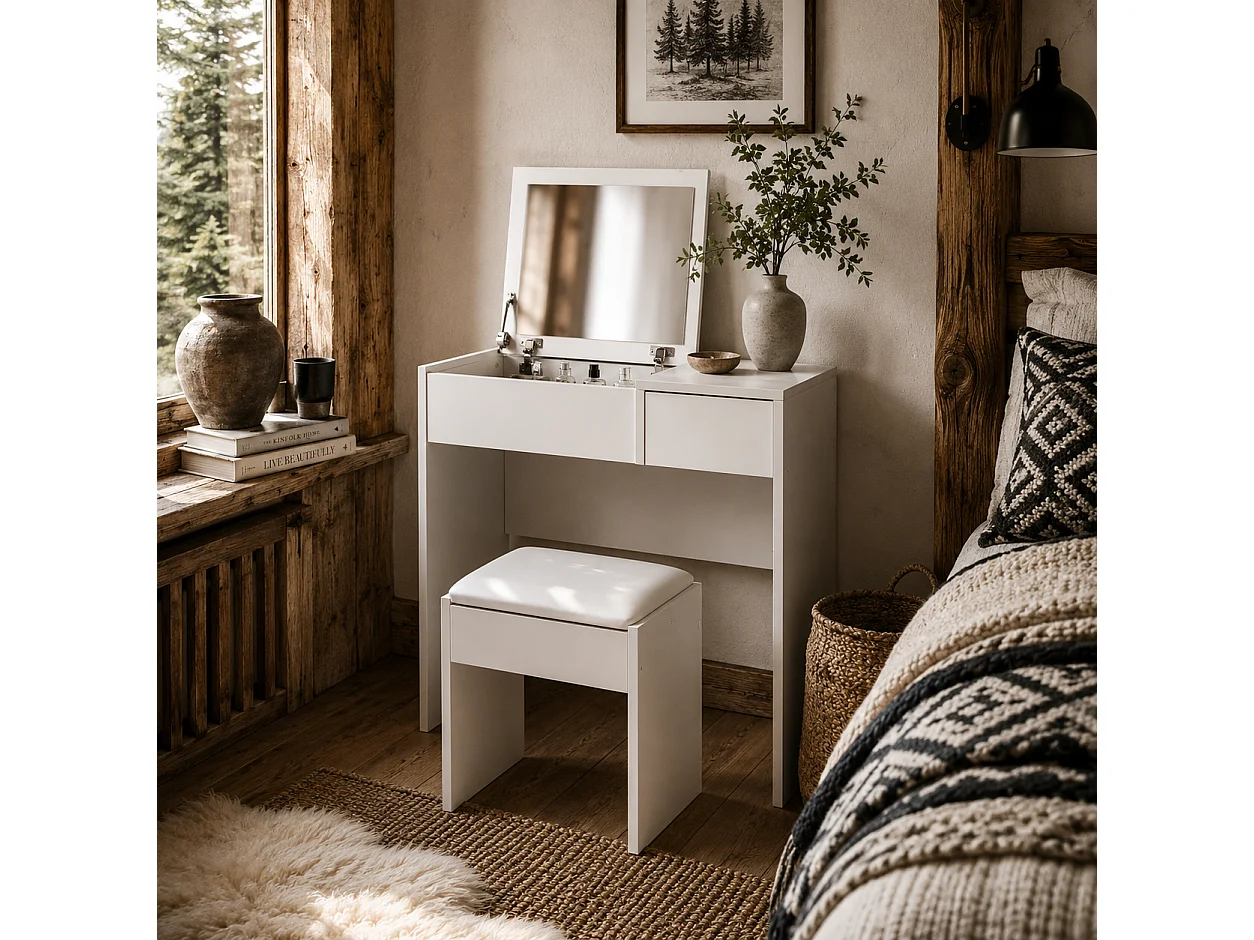 Firazzi White Vanity Desk with Flip Mirror Drawer Storage and Cushioned Stool