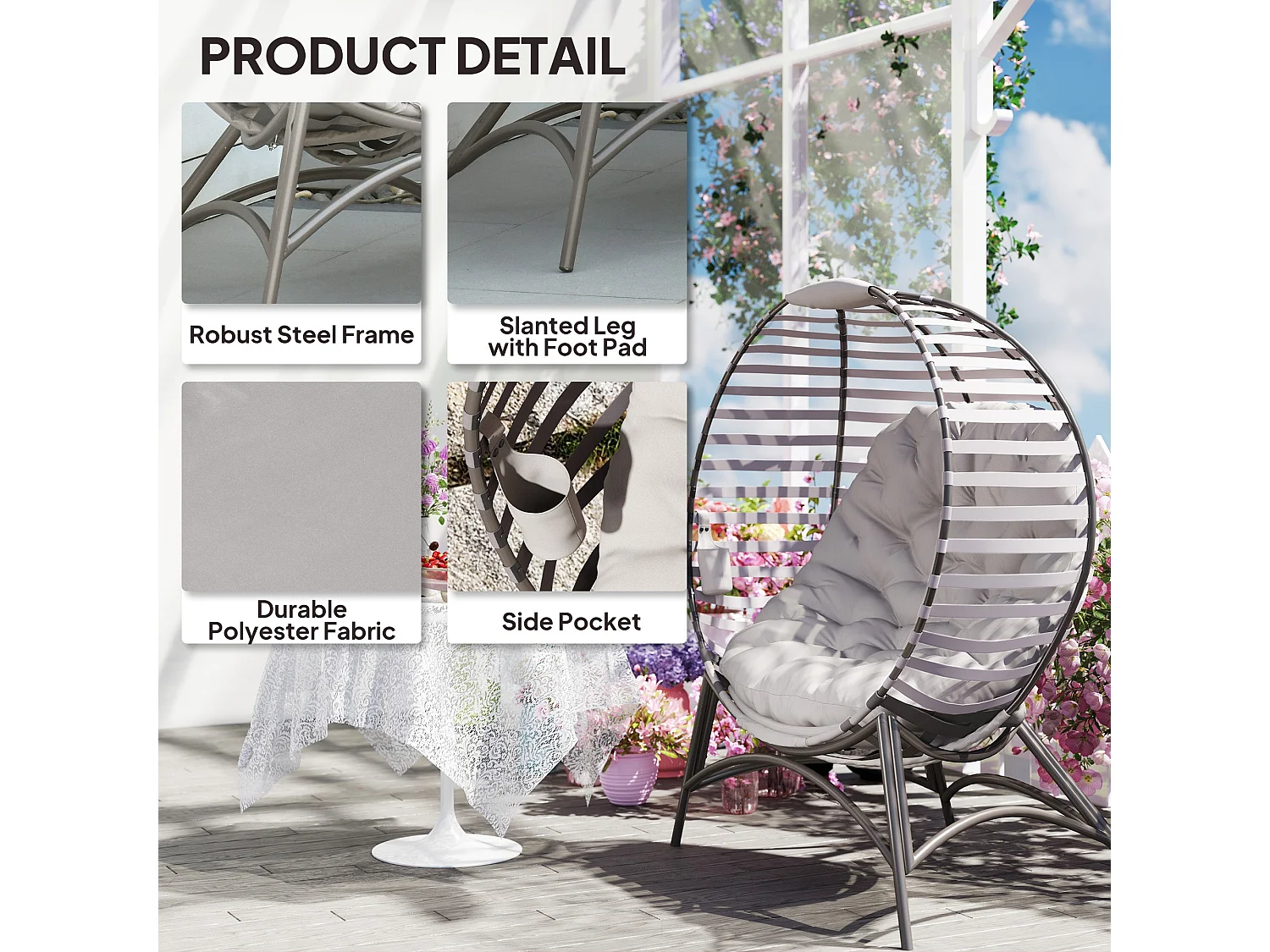 Lenika Oversized Light Grey Egg Chair with Cushion and Side Pocket