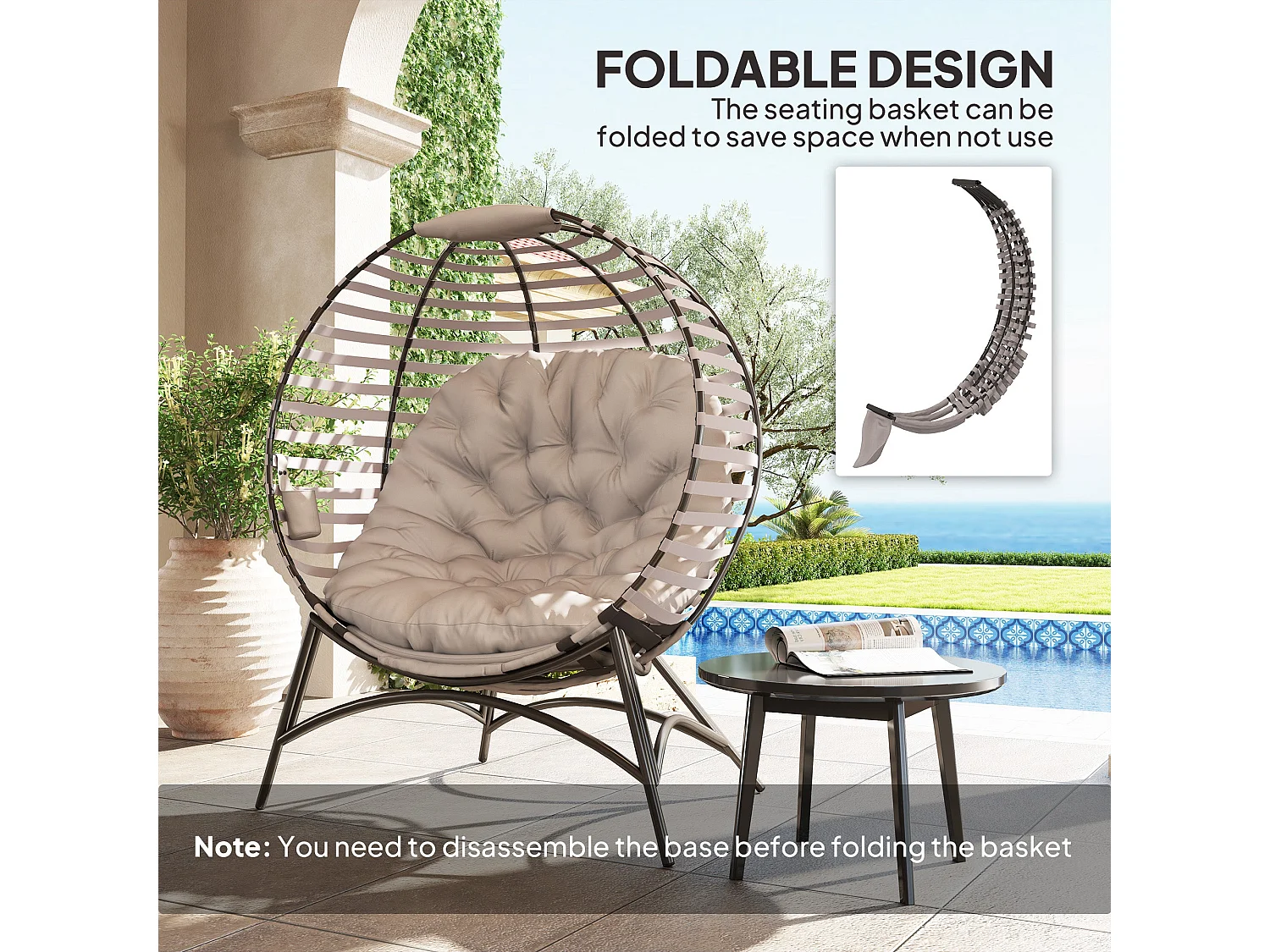 Lenika Oversized Light Grey Egg Chair with Cushion and Side Pocket