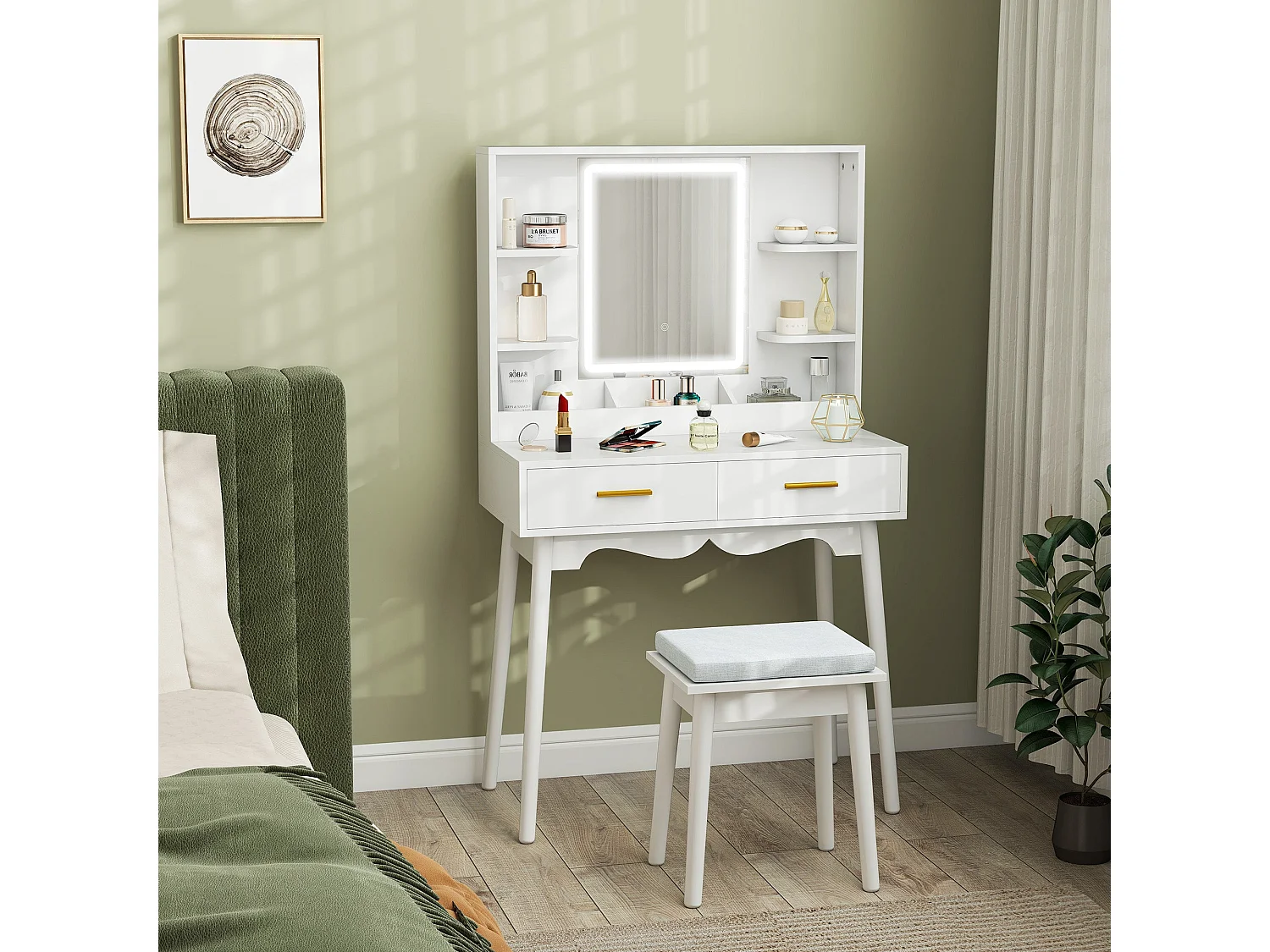 Dididi White Dressing Table With LED Mirror Stool and Storage