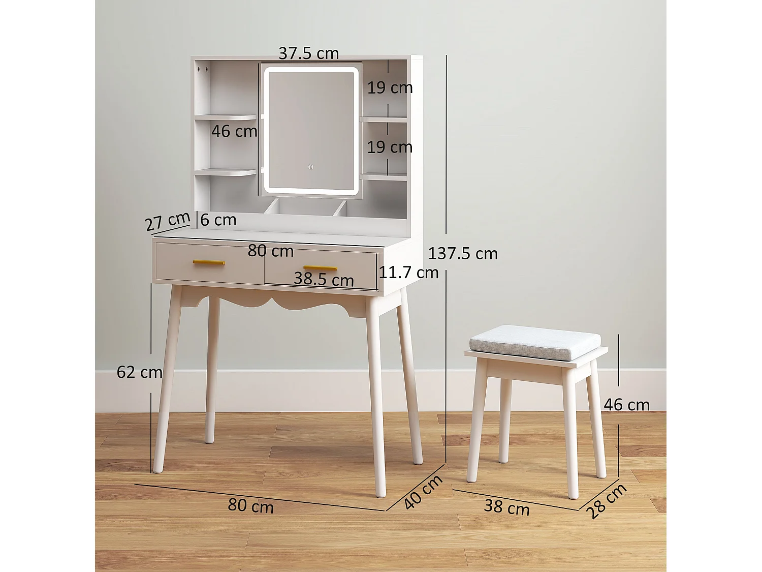 Dididi White Dressing Table With LED Mirror Stool and Storage