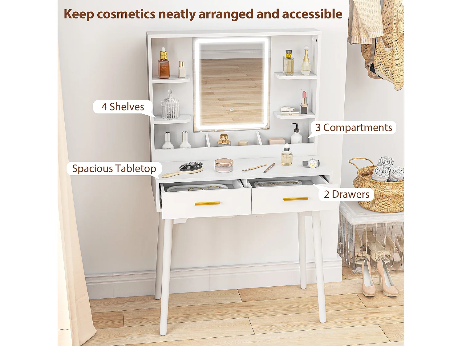 Dididi White Dressing Table With LED Mirror Stool and Storage