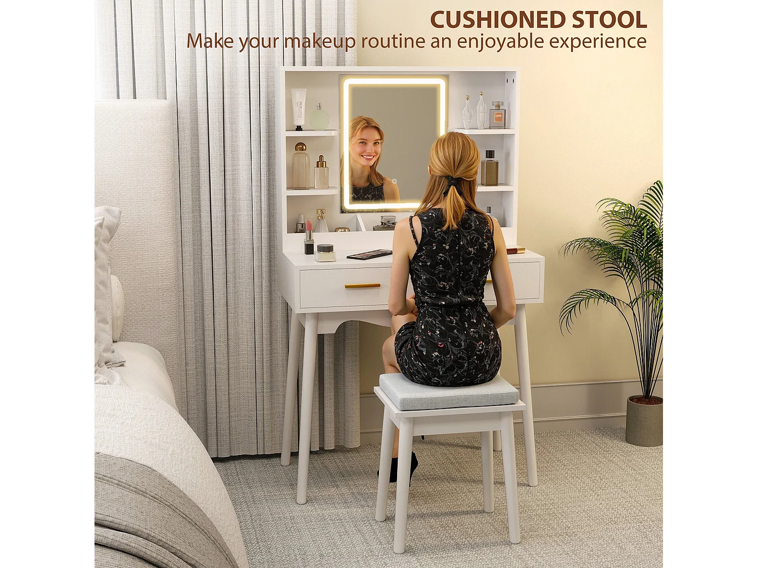 Dididi White Dressing Table With LED Mirror Stool and Storage