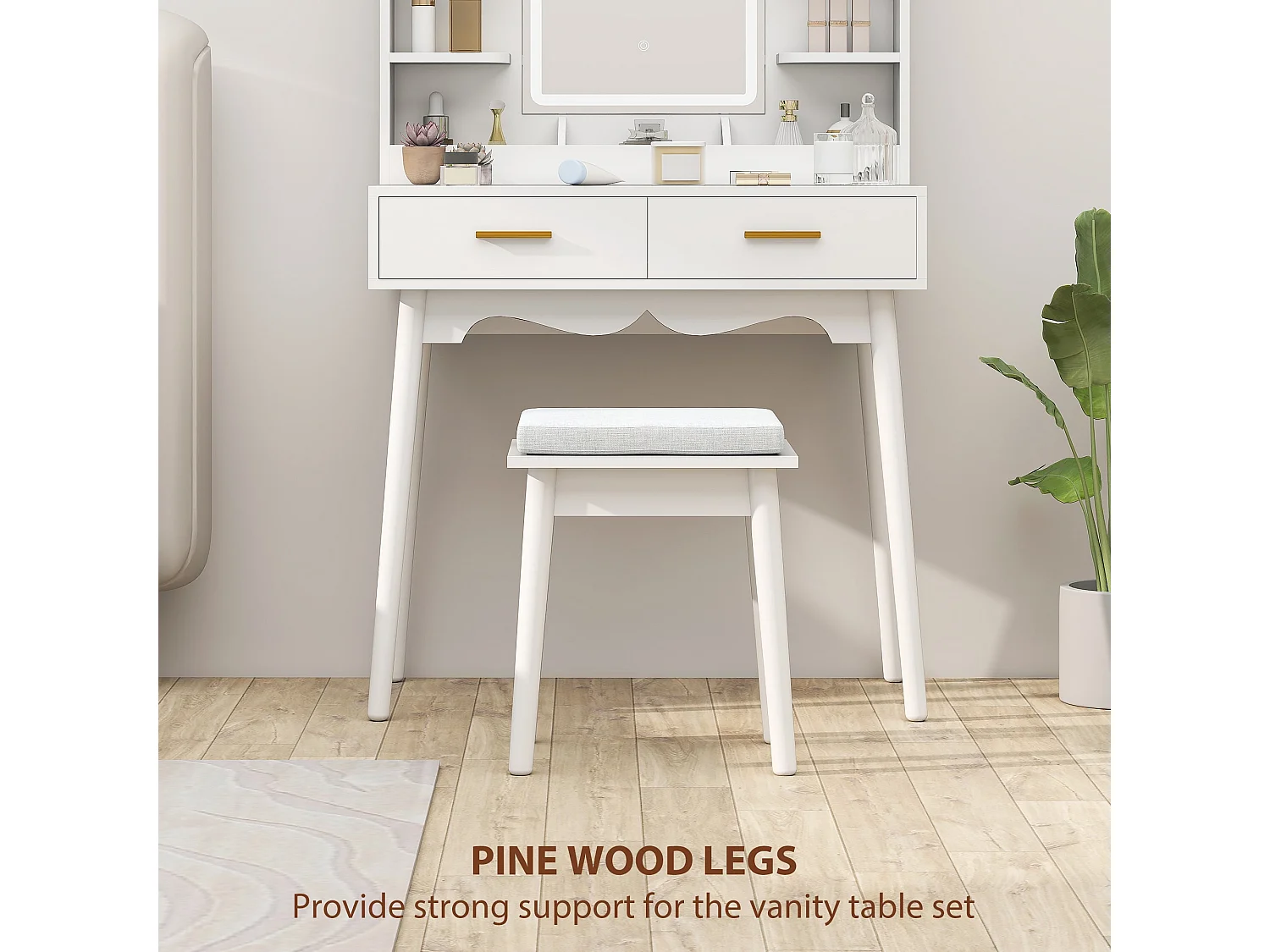Dididi White Dressing Table With LED Mirror Stool and Storage