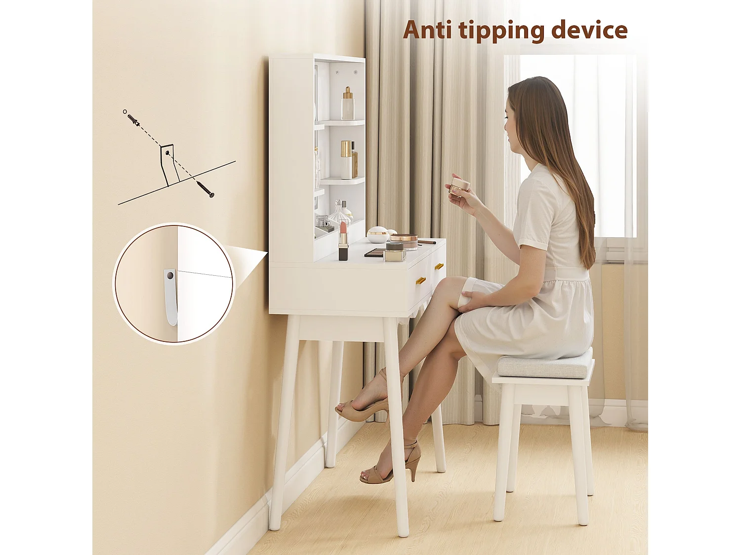 Dididi White Dressing Table With LED Mirror Stool and Storage