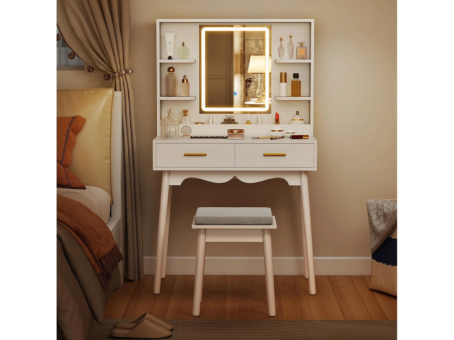 Dididi White Dressing Table With LED Mirror Stool and Storage