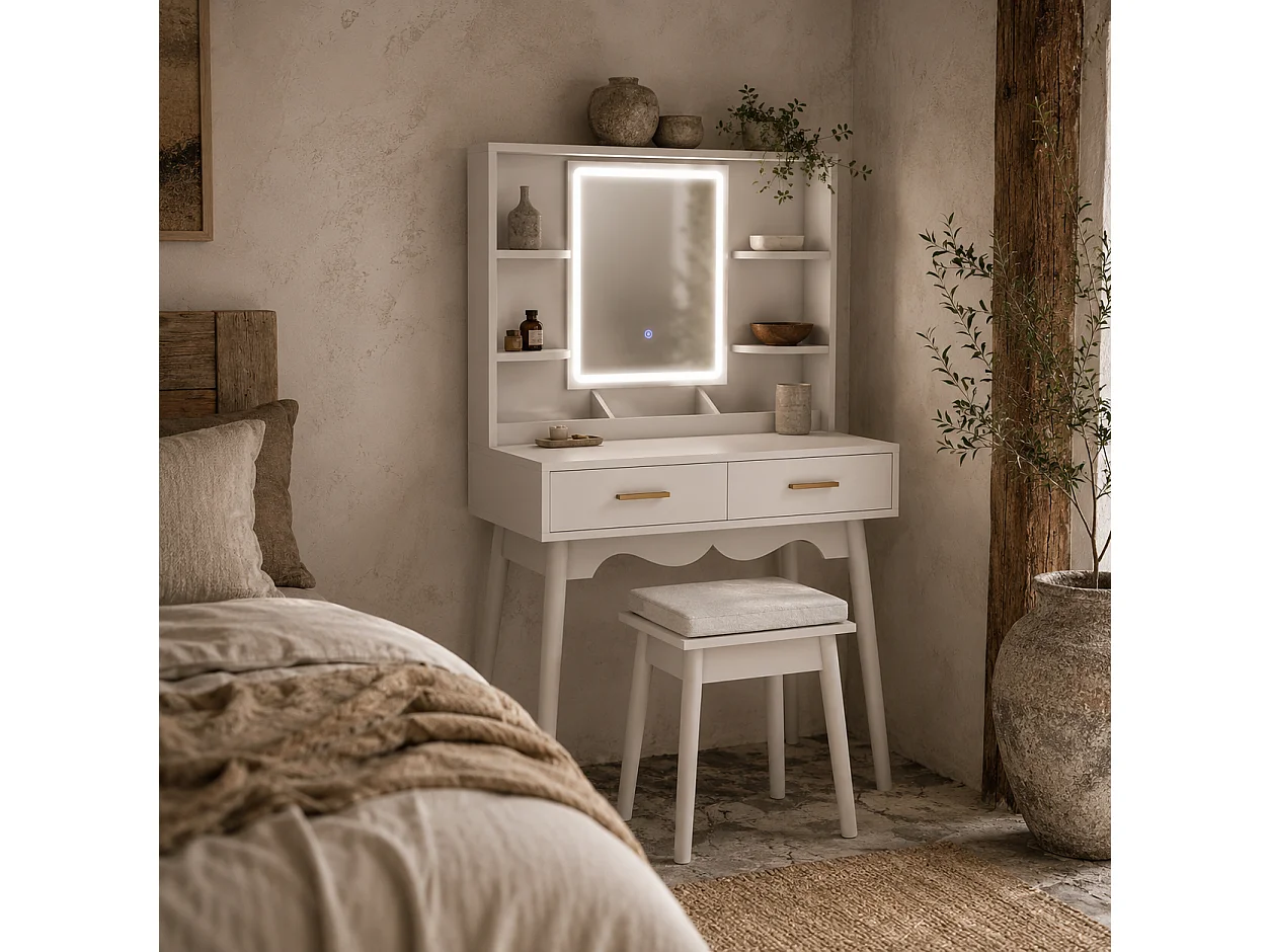 Dididi White Dressing Table With LED Mirror Stool and Storage