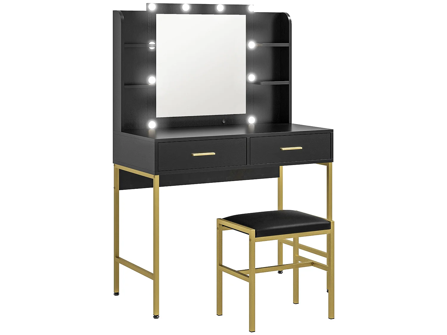 Taso Kana Black Dressing Table and Stool Set with LED Mirror and Storage