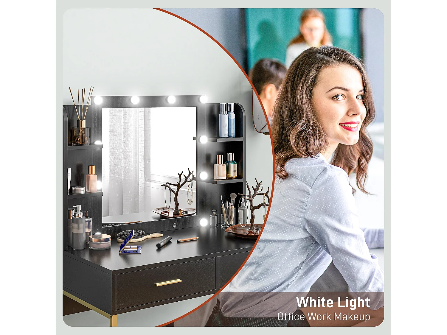 Taso Kana Black Dressing Table and Stool Set with LED Mirror and Storage