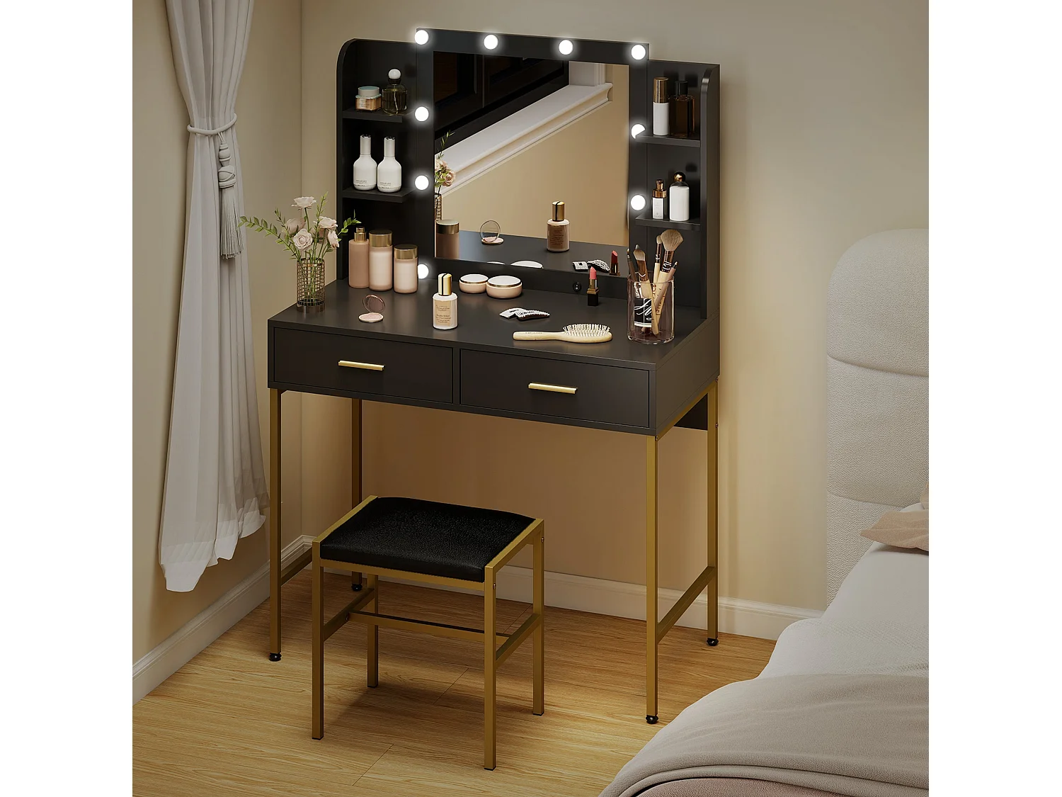 Taso Kana Black Dressing Table and Stool Set with LED Mirror and Storage