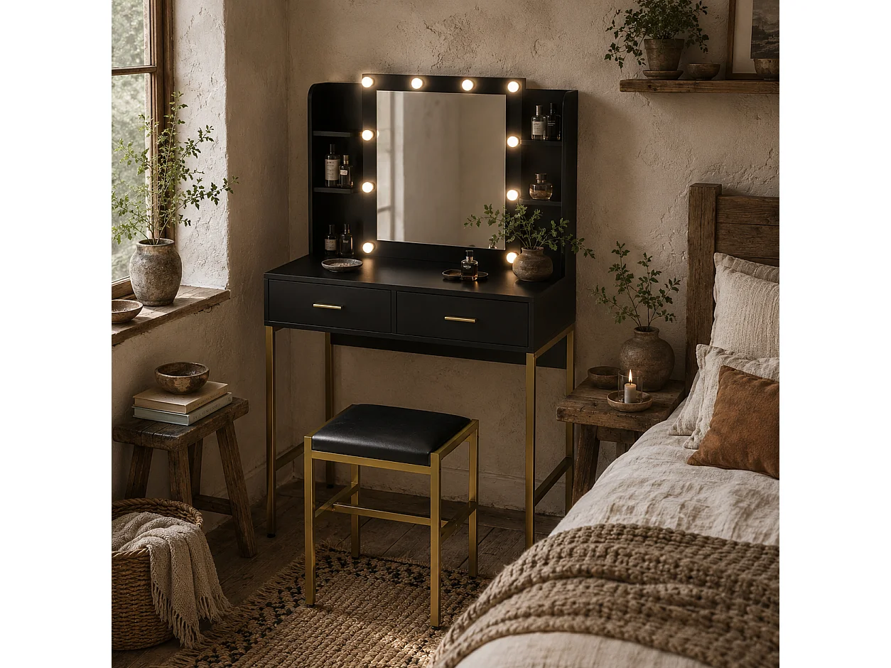 Taso Kana Black Dressing Table and Stool Set with LED Mirror and Storage
