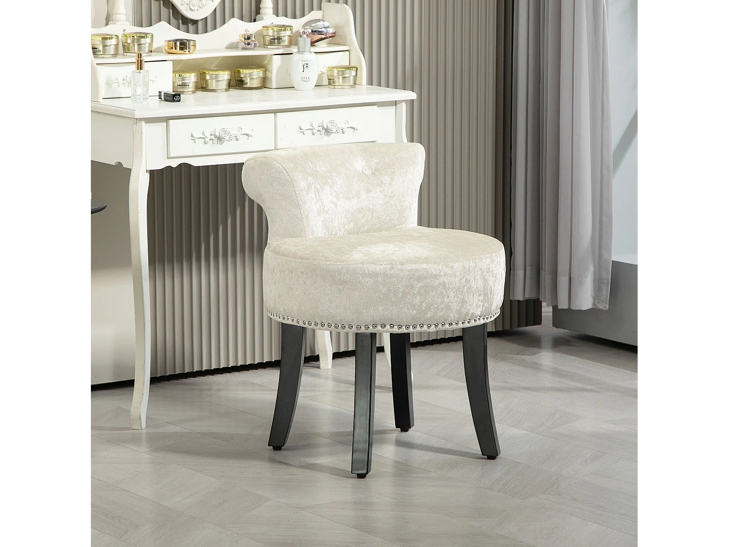 Salami Beige Velvet Dressing Table Stool Rubberwood Legs
