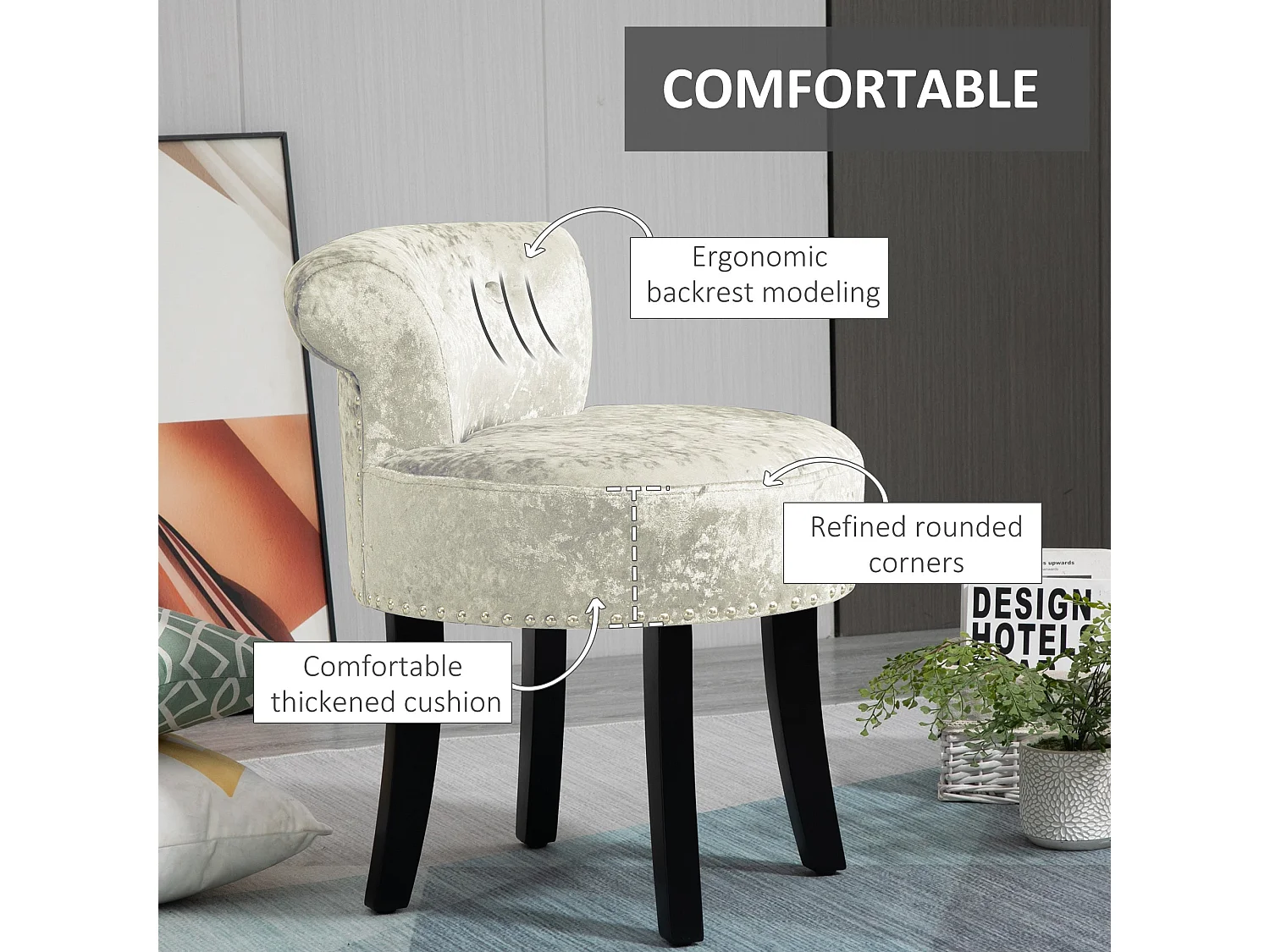 Salami Beige Velvet Dressing Table Stool Rubberwood Legs
