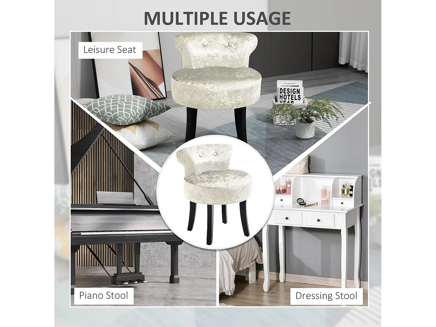 Salami Beige Velvet Dressing Table Stool Rubberwood Legs