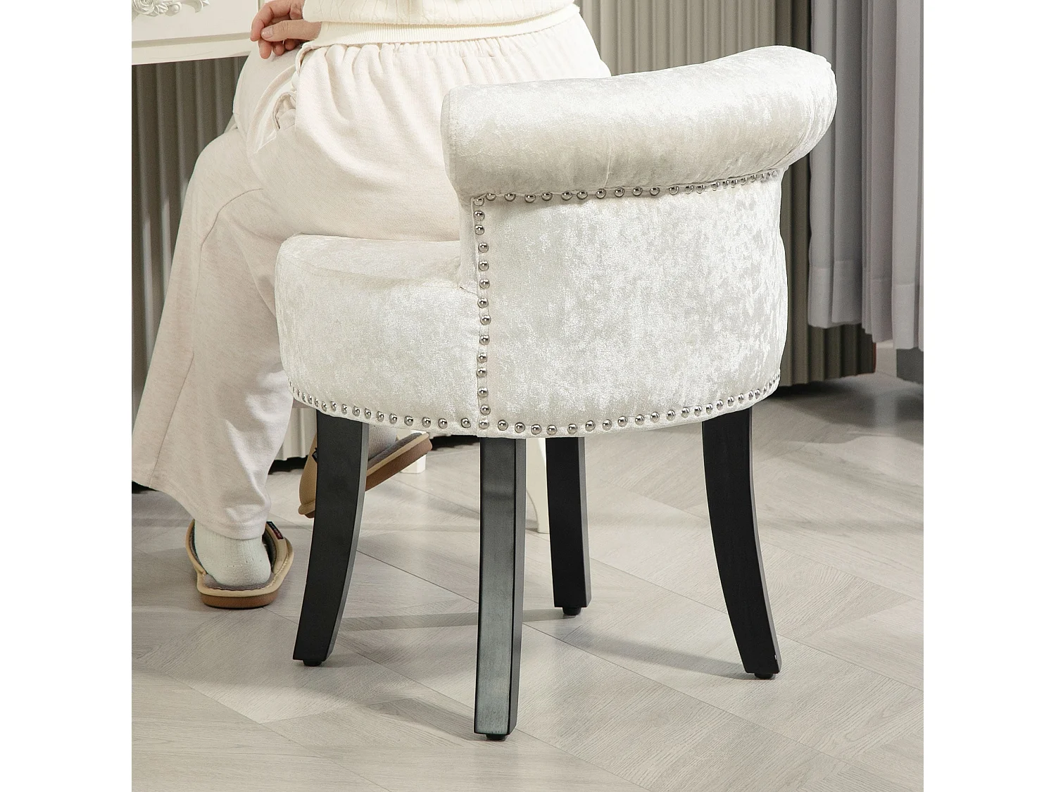 Salami Beige Velvet Dressing Table Stool Rubberwood Legs