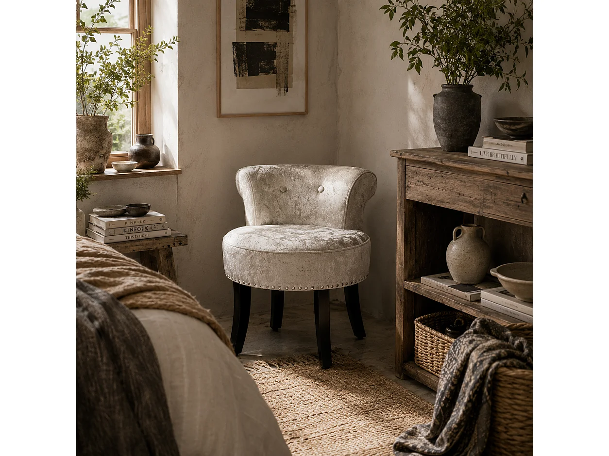 Salami Beige Velvet Dressing Table Stool Rubberwood Legs