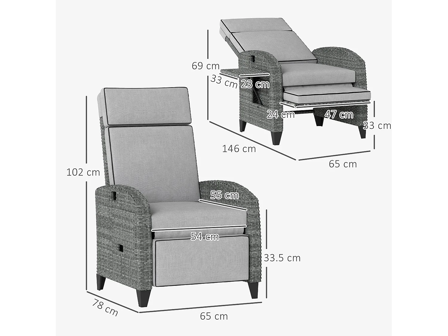Vike Light Grey Reclining Outdoor Armchair with Footrest and Flip Up Side Tray