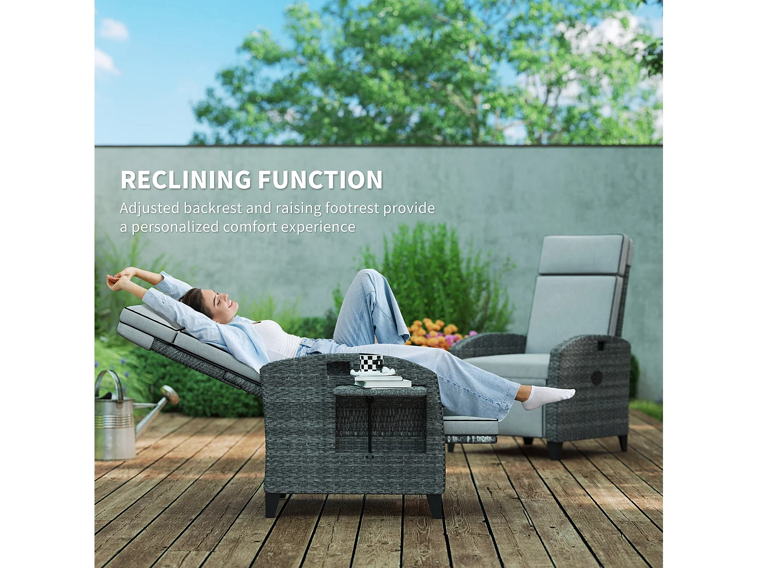 Vike Light Grey Reclining Outdoor Armchair with Footrest and Flip Up Side Tray