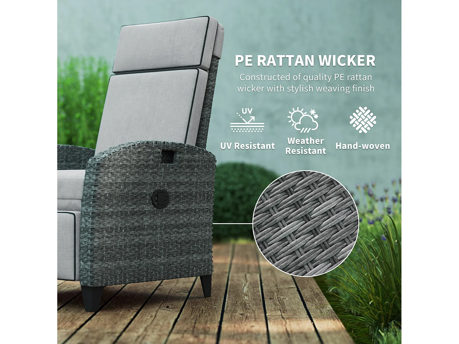 Vike Light Grey Reclining Outdoor Armchair with Footrest and Flip Up Side Tray