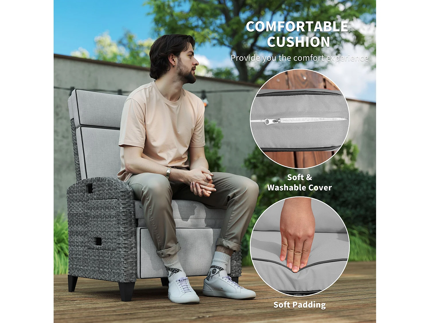 Vike Light Grey Reclining Outdoor Armchair with Footrest and Flip Up Side Tray