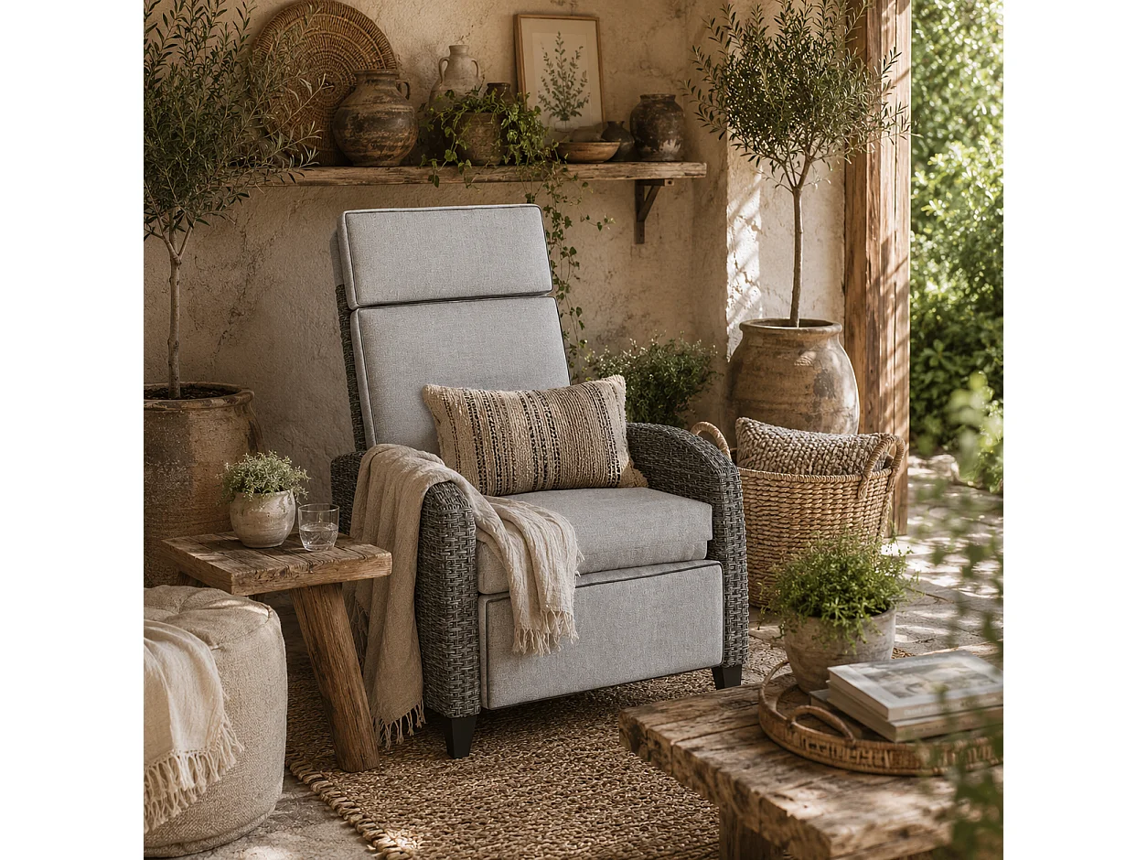 Vike Light Grey Reclining Outdoor Armchair with Footrest and Flip Up Side Tray