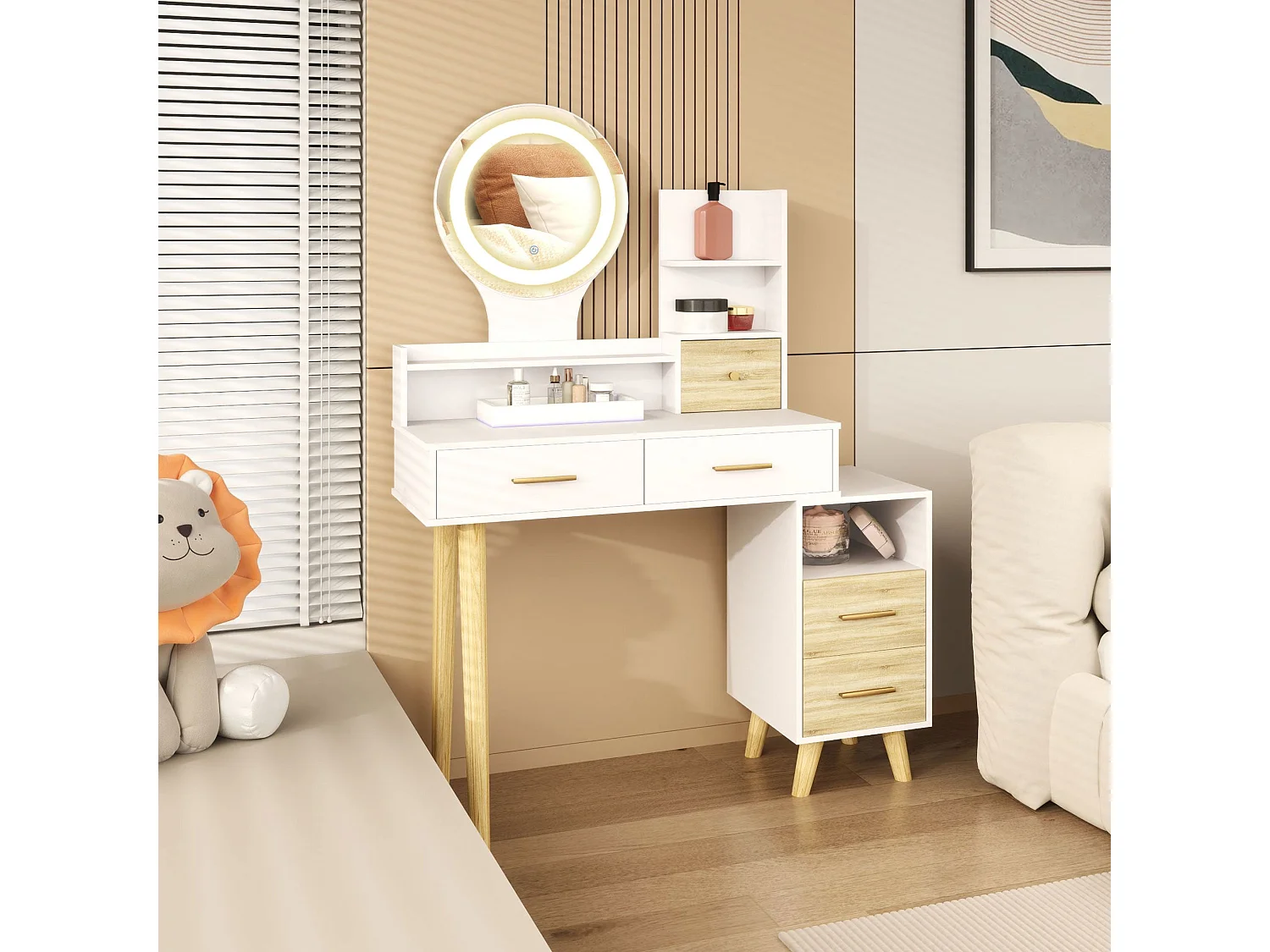 White Dressing Table with LED Mirror 5 Drawers and 5 Shelves