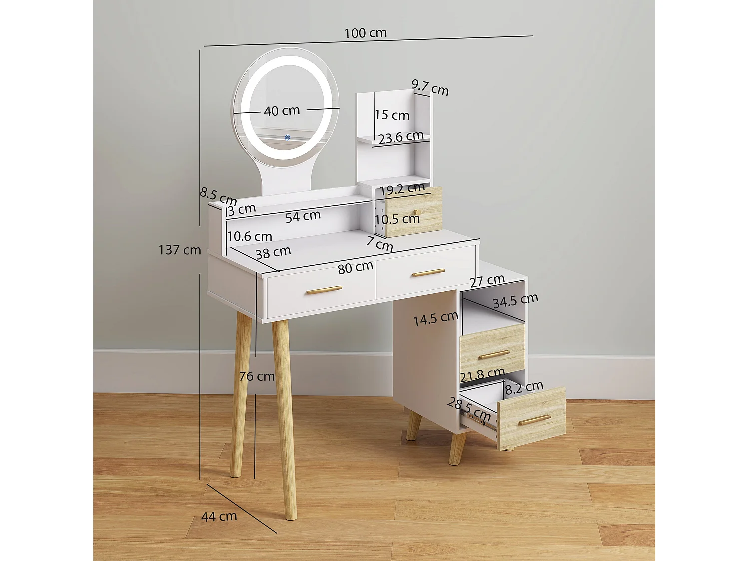 White Dressing Table with LED Mirror 5 Drawers and 5 Shelves