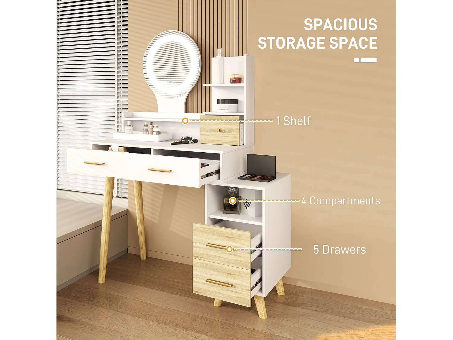 White Dressing Table with LED Mirror 5 Drawers and 5 Shelves