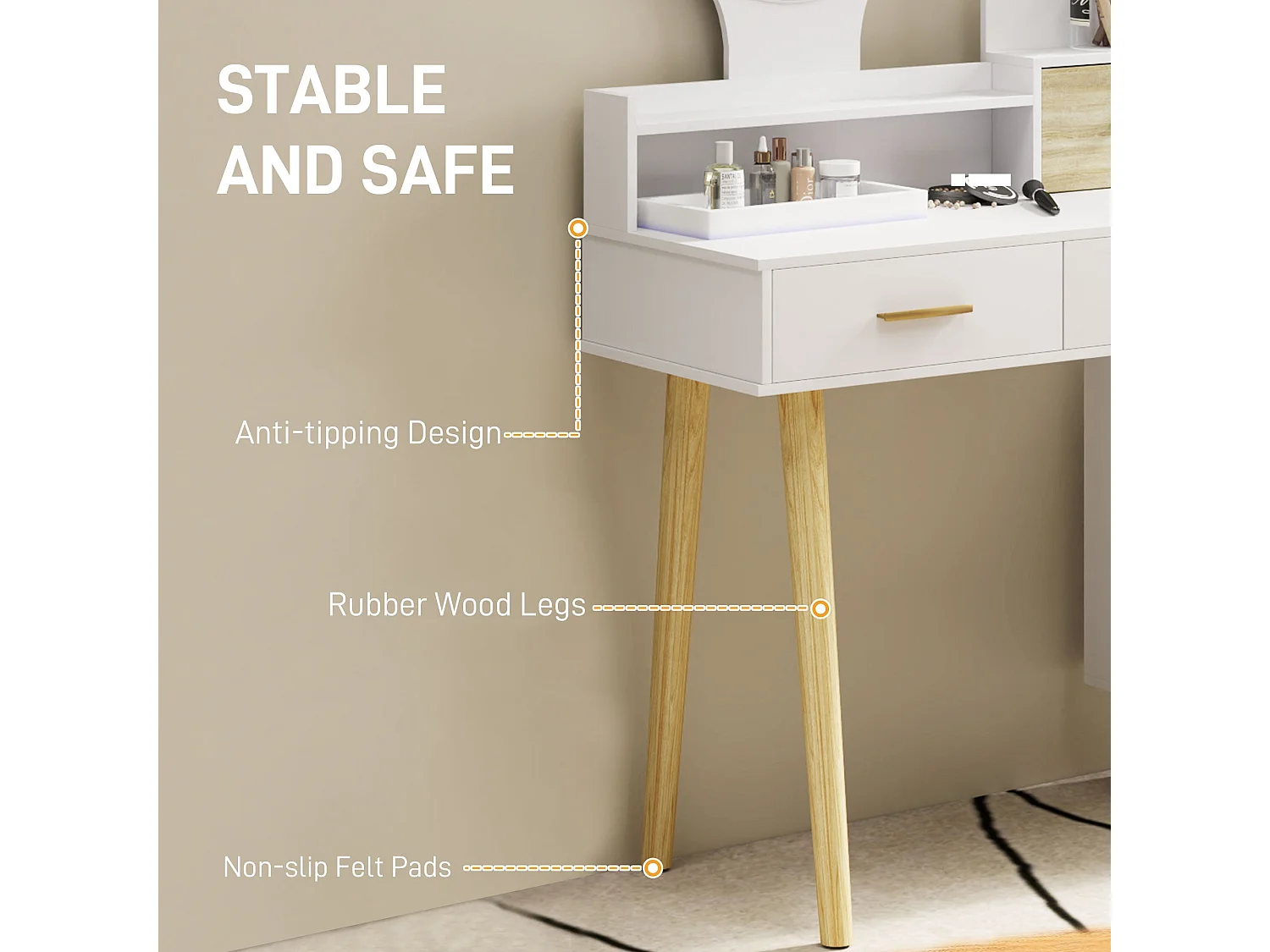 White Dressing Table with LED Mirror 5 Drawers and 5 Shelves