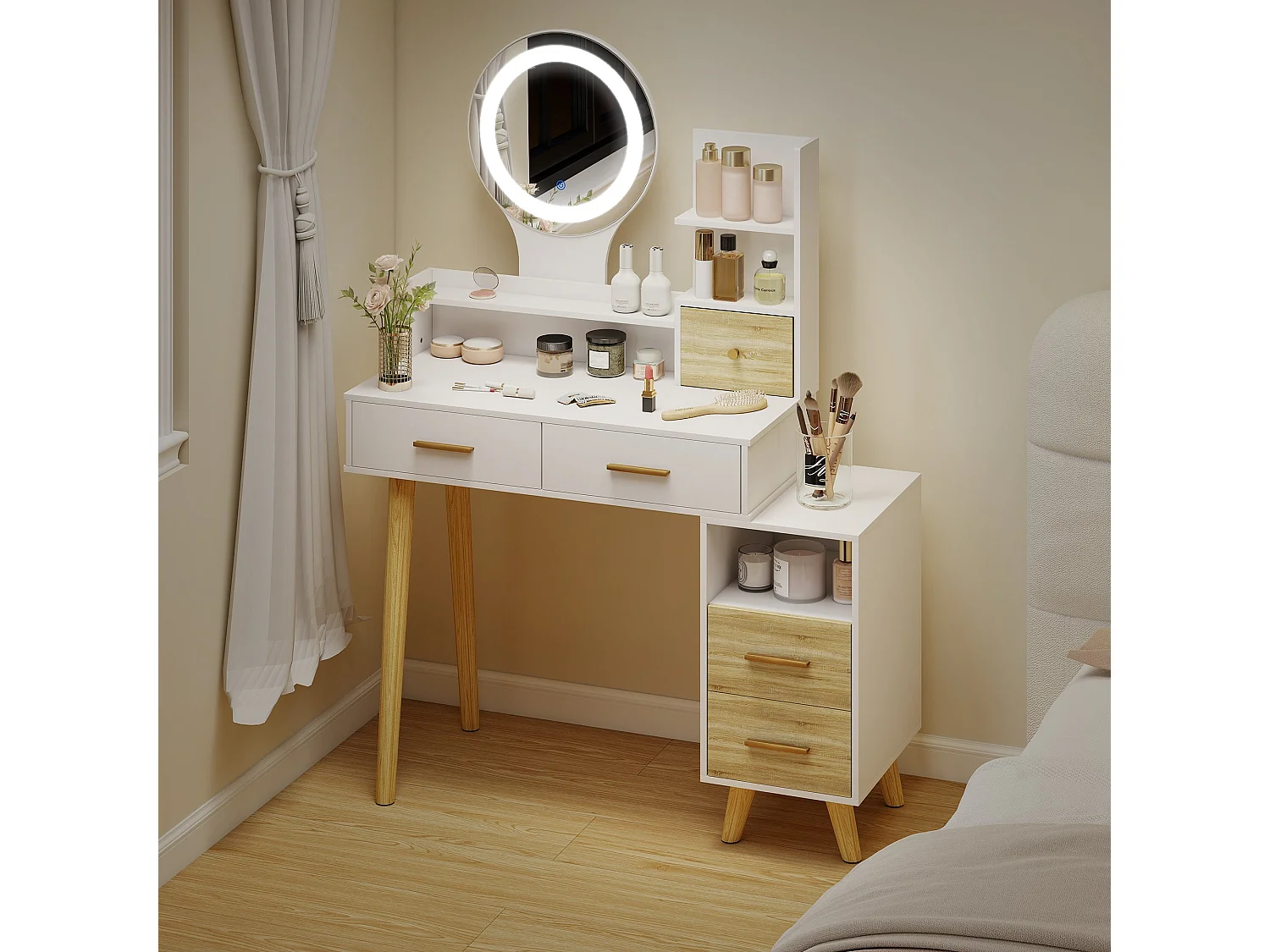 White Dressing Table with LED Mirror 5 Drawers and 5 Shelves